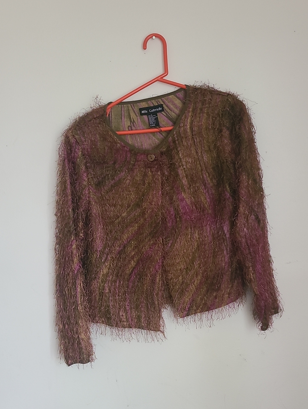 Mlle Gabrielle Fuzzy Knit Cardigan in Brown and Purple